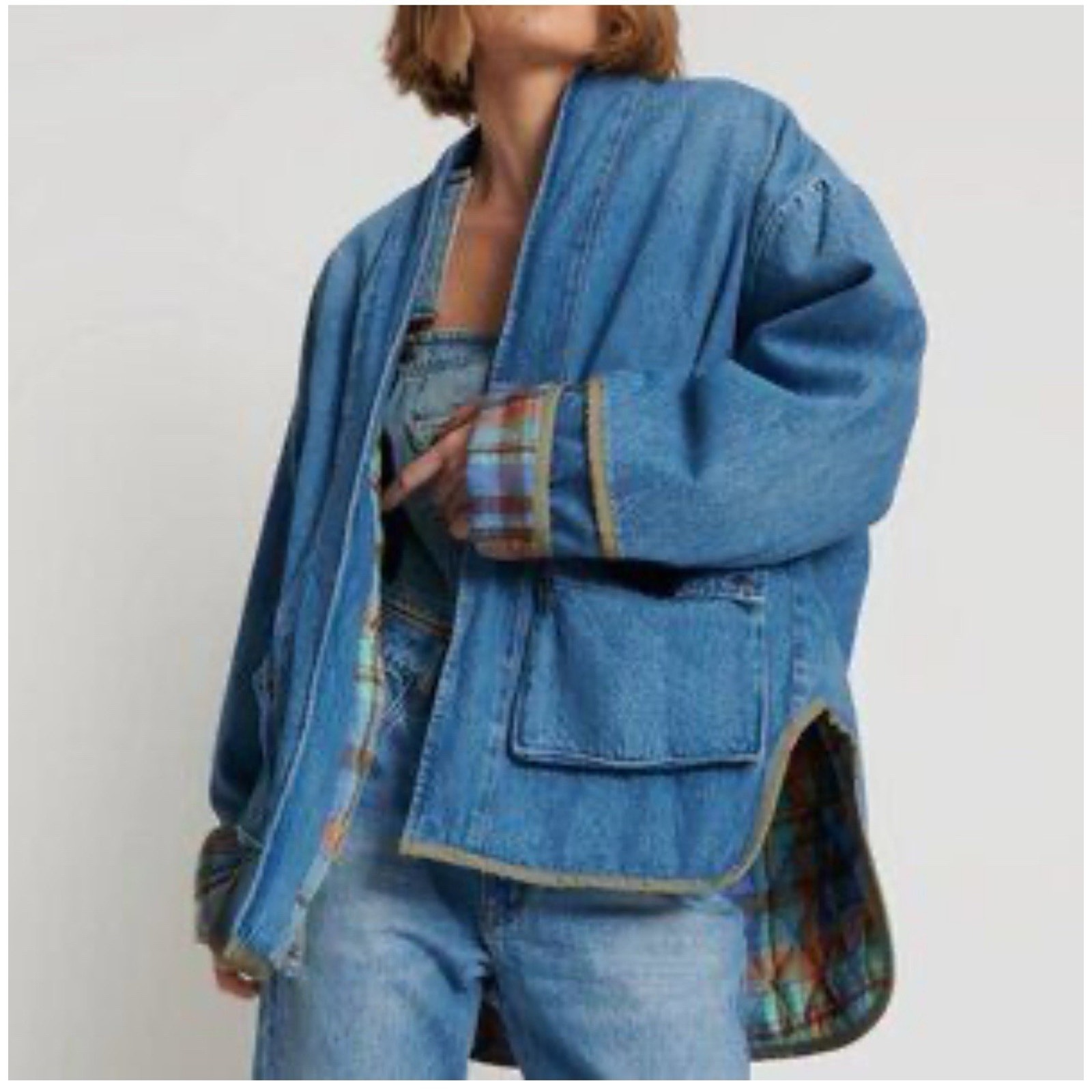 Denim Oversized Jacket With Plaid Lining - Blue